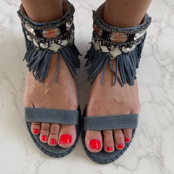 ⭕️ HANDMADE from Greece One-of-a-kind Fringe Embellished Blue Sandals - Picture 1 of 5